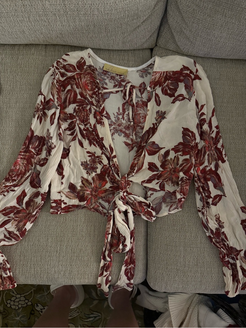 Floral Tie-Front Crop Top in Ivory and Burgundy